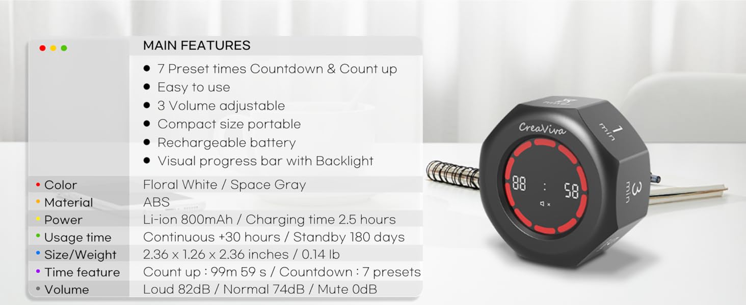 Creaviva cube easy to use 7 preset times rechargeable battery visual progress bar with backlit