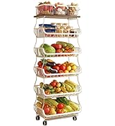 MURRI&MURRDI Fruit Vegetable Storage Basket with Wooden Lid, 6 Tier Stackable Storage Baskets wit...