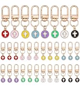 WADORN 32Pcs 8 Colors Enamel Cross Keychains, Alloy Enamel Flat Round with Cross Charms with Swiv...