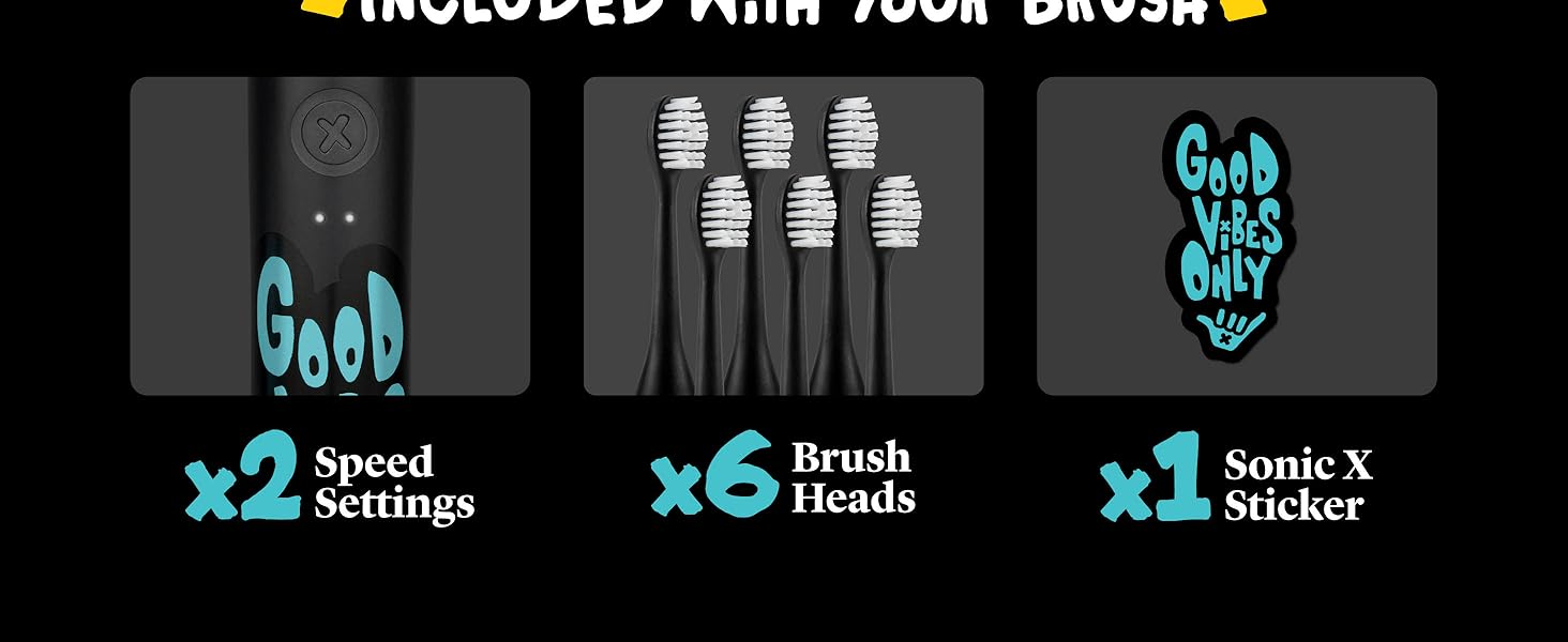 x2 Speed Settings, x6 Brush Heads, x1 Sonic Stikcer