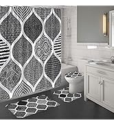MitoVilla 4 Pcs Black Shower Curtain Sets with Rugs, Boho Bathroom Sets with Shower Curtain and R...