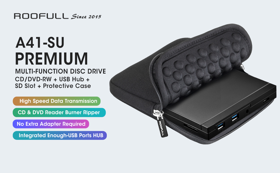 ROOFULL External CD DVD Drive USB 3.0 & USB-C 2 USB Port and SD Card Slot and Carrying Case