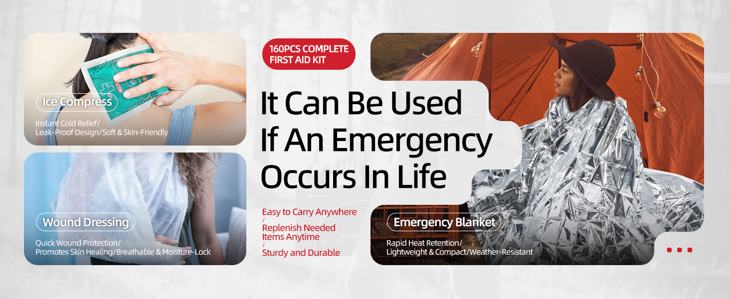 Text reads 'It Can Be Used', 'If An Emergency Occurs In Life'. First aid or medical supplies shown in product demonstration context.