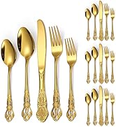 A · HOUSEWARE Gold Silverware Set for 4 Vintage Hollow Relief Stainless Steel Flatware 20 Piece C...