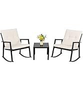 Shintenchi 3 Pieces Rocking Bistro Set Wicker Patio Outdoor Furniture, 2 Rattan Porch Chairs Conv...