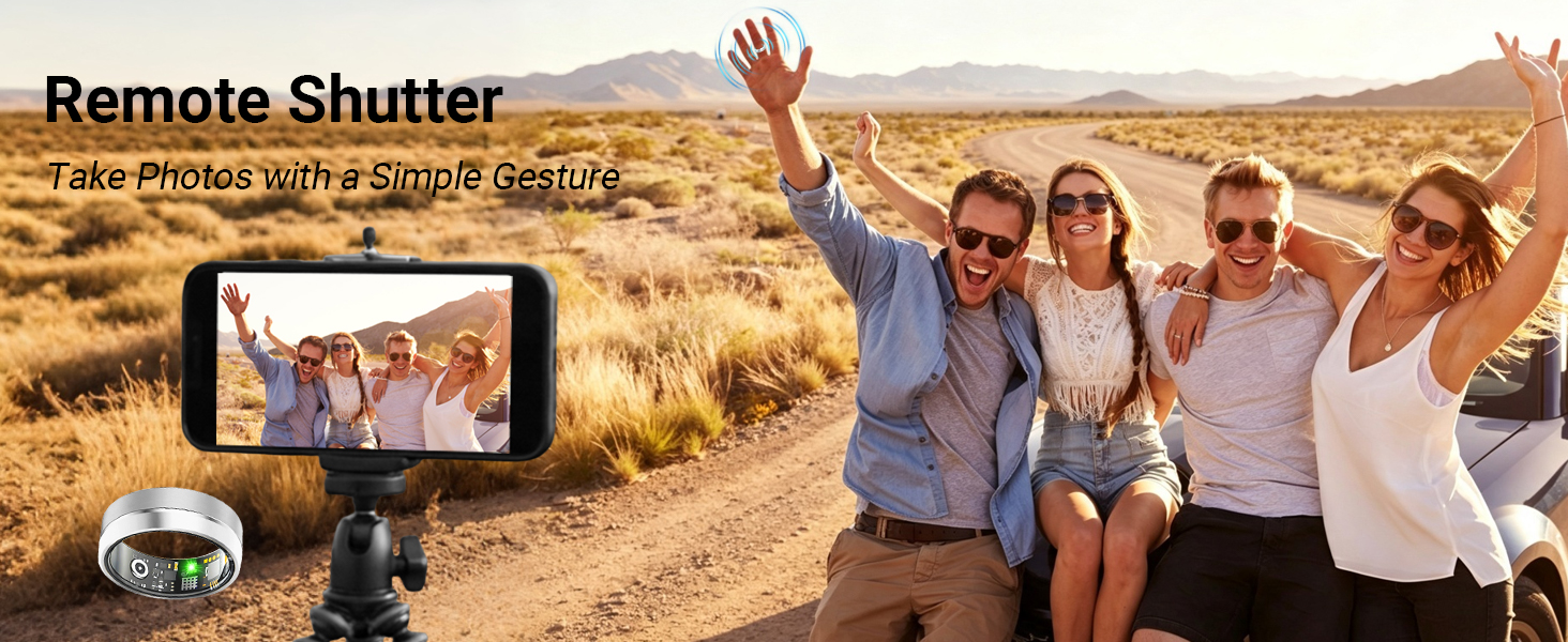 Active lifestyle smart ring with IP68 waterproof protection and hands-free remote photo control.