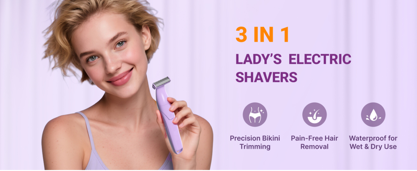 3-in-1 design for, legs, and underarm. Pain-free hair removal, waterproof for wet & dry use.