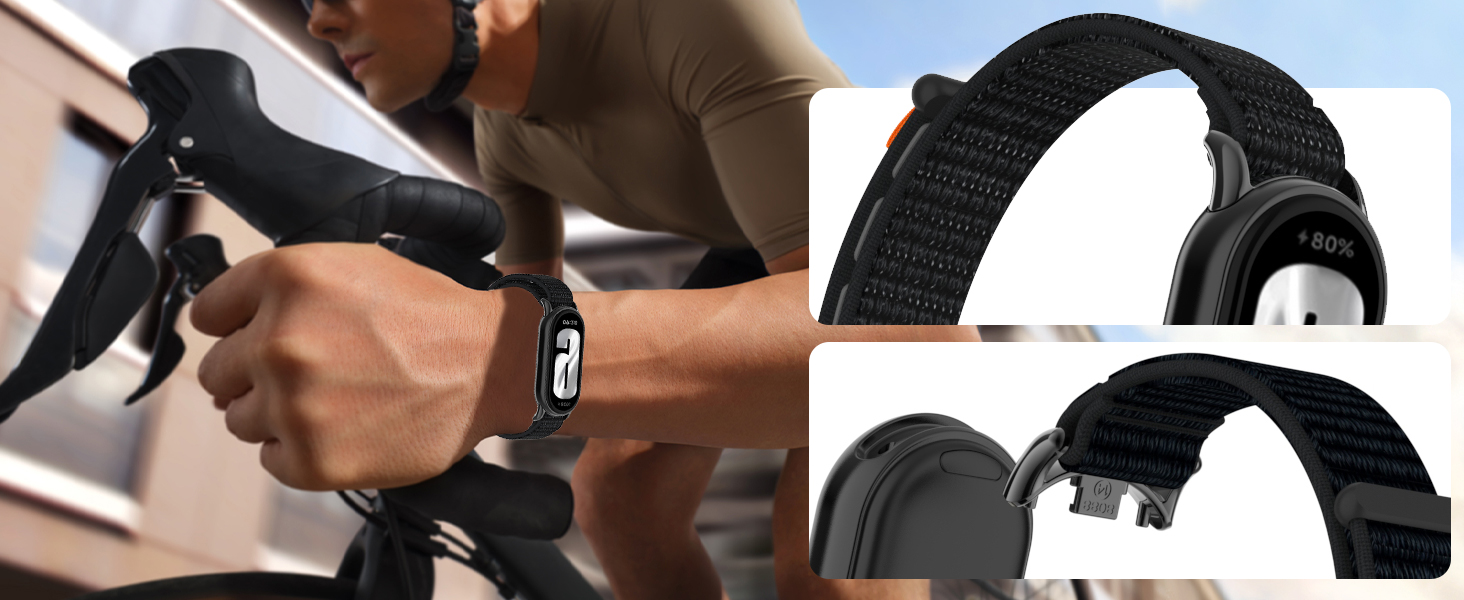 Smartwatch with black wristband shown on cyclist's wrist while gripping bicycle handlebars. Close-up views display the watch's circular face and textured band with clasp mechanism.