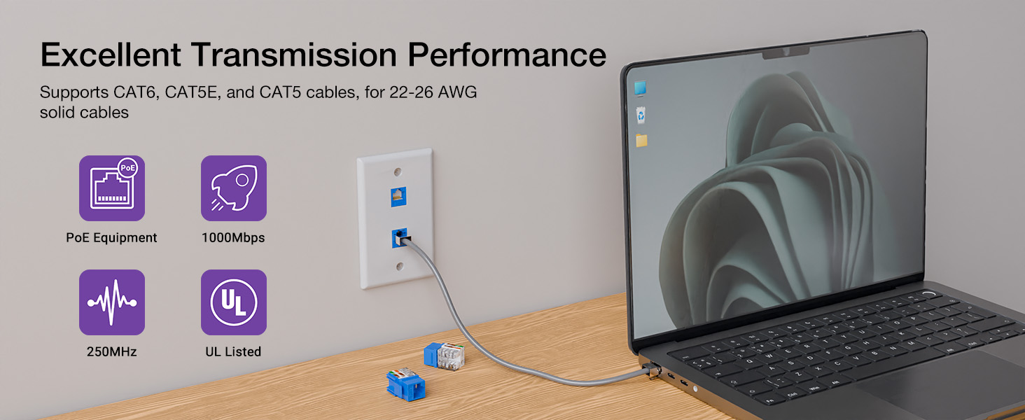 keyston jacks support PoE, cat6 cat5e cat5 cables for 22-26AWG soild cables