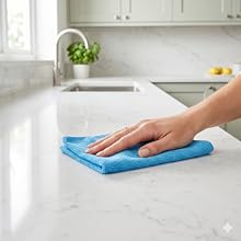image of a pristine kitchen counter with a woman hand cleaning the counter with a blue cloth