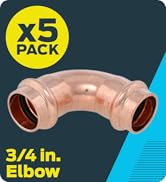 SharkBite 3/4 x 3/4 Inch 90 Degree Elbow, Copper Press Plumbing Fitting, Pack of 5, UPR256X5