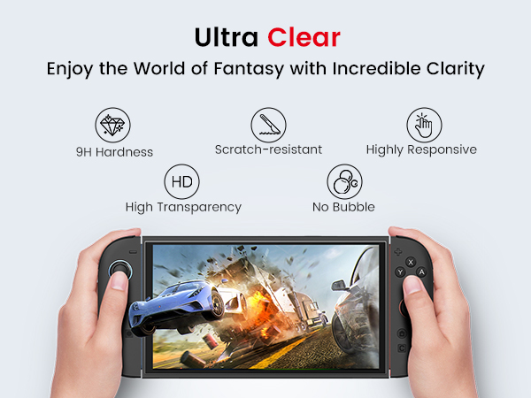 Handheld gaming device with screen protector. Features include 9H hardness, scratch resistance, high transparency, responsiveness, and no bubbles. Screen displays racing game with explosions.