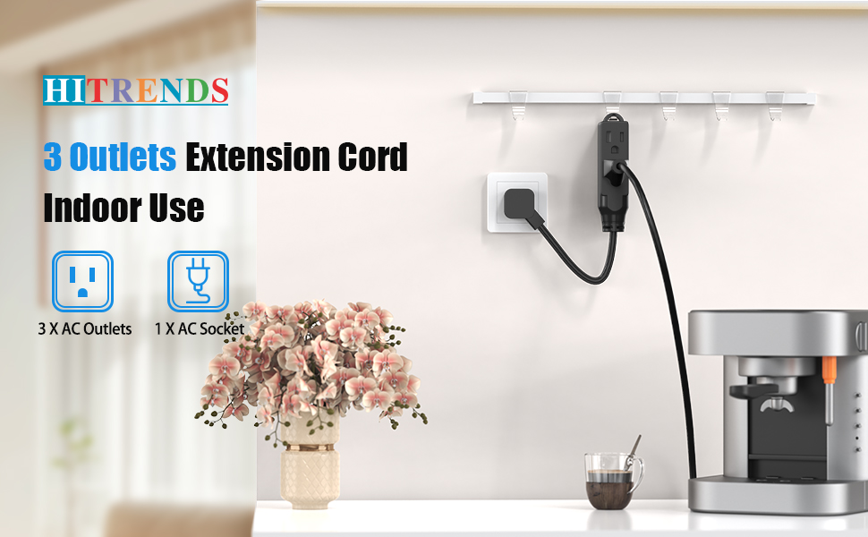 1 FT Short Extension Cord, HITRENDS 3 Outlet Extension Cord, 3 Prong Grounded Wire