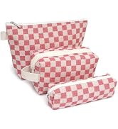 Beayuva 3 Pcs Canvas Makeup Bag Set Checkered Cosmetic Pouch for Women Travel Toiletry Bag Cute M...