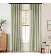 Sage Green Pinch Pleated 84 inch Long Linen Curtains 2 Panels Set for Living Room Track System Cu...