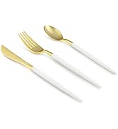 Bestluck 75 PCS White Gold Plastic Utensils for 25 Guests, Gold Disposable Silverware with 25 Kni...