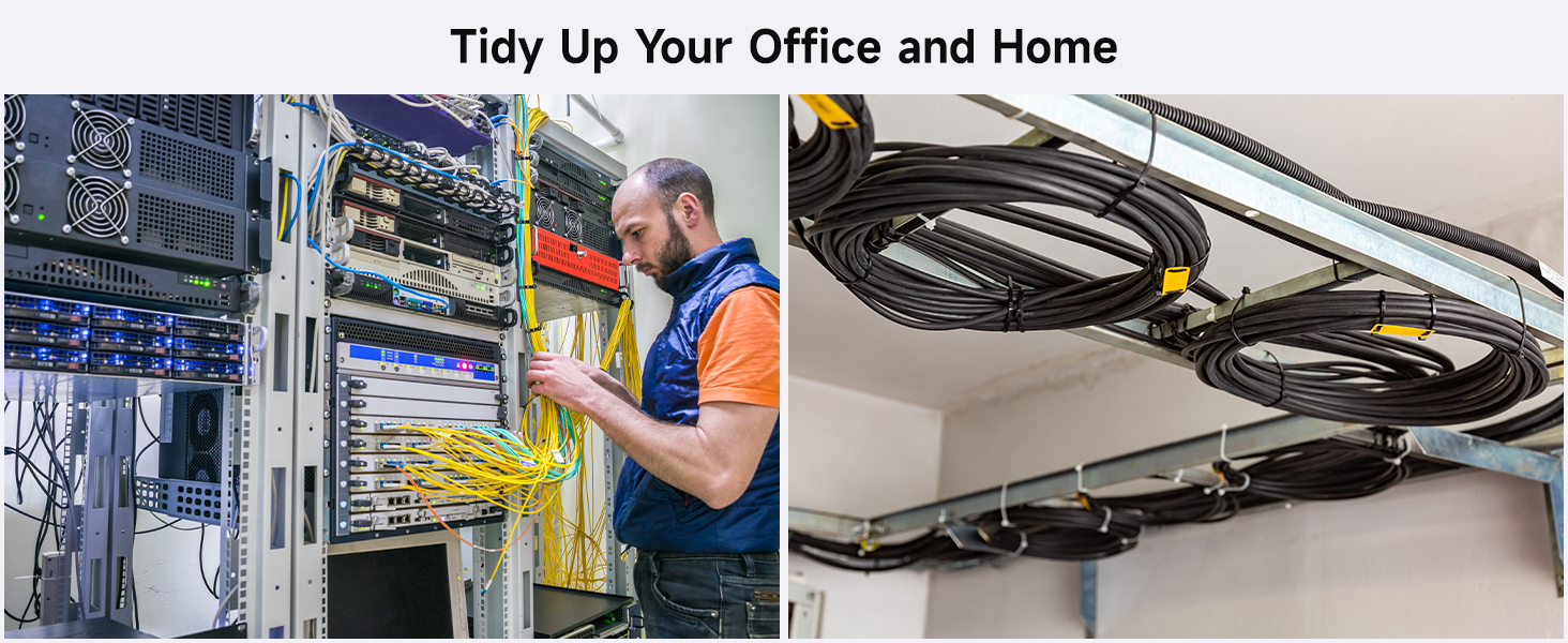 Black and white cable ties for organizing cables at home, office, or garden.