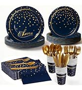 Blue Paper Plates and Napkins Party Supplies for 24 Guests, 168 Pcs Graduation Navy Blue Disposab...