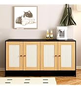 Double Cat Litter Box Enclosure for 2 Cats Large Hidden Furniture with Rattan Doors & Storage She...