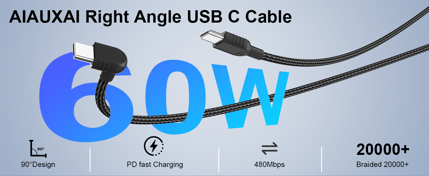 USB C Cable Right Angle 60W Fast Charging USB C Cable 90 Degree USB Type C Charger Cord