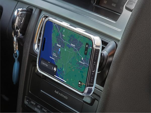 Air vent phone holder for car with a compact clip MagSafe car mount keeps dashboard surfaces clear