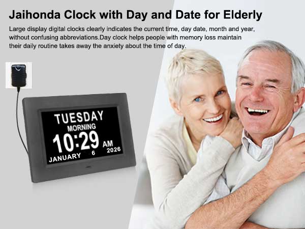 clock with day and date for elderly Non-Abbreviated DAY, DATE of the WEEK, MONTH and YEAR