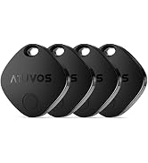 Four black circular Atuvos tracking devices with holes for attaching to objects. Devices have a smooth surface with the brand name visible.