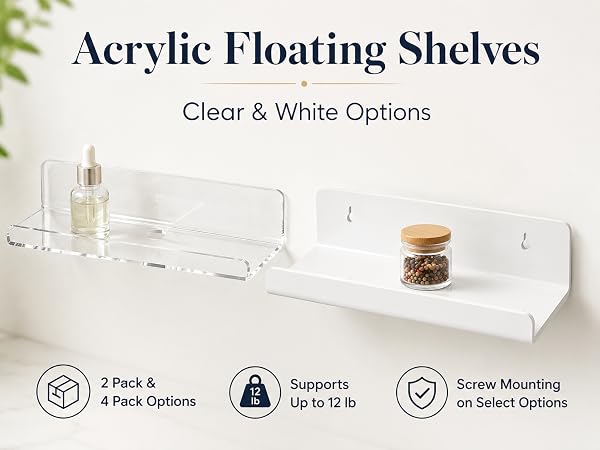 Acrylic floating shelves in clear and white options for everyday wall storage