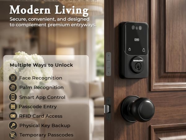 BAMoONE face and palm recognition smart deadbolt with passage knob