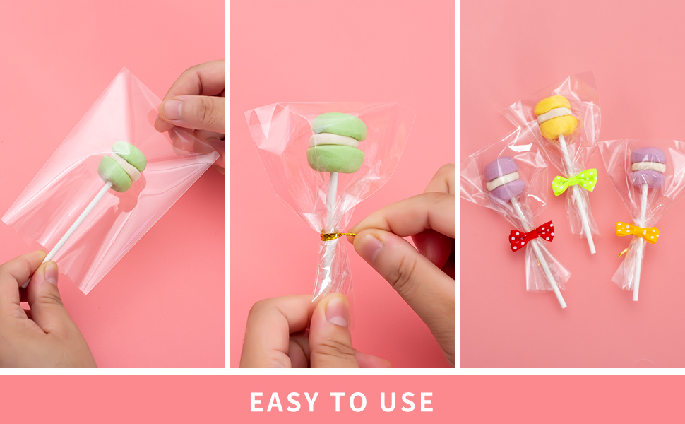 Cake Pop Sticks and Wrappers Kit, Lollipop Sticks Cake Pop Bags with Metallic Twist Ties Bow