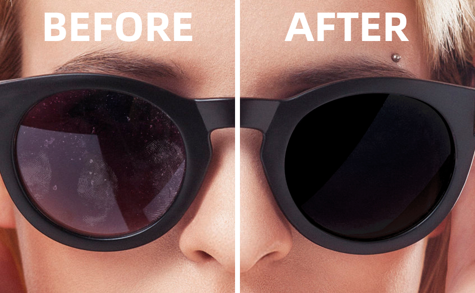 Split image of sunglasses: left side shows purple-tinted lenses, right side shows dark black lenses. Demonstrates lens darkening effect.
