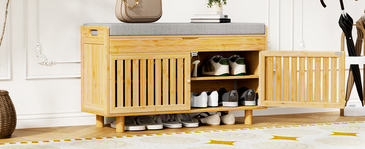 Shoe Storage Bench, Bamboo Entryway Bench with 2 Doors & Padded Seat Cushion