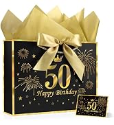 JMANNI Black Gold 50th Birthday Gift Bag with Card and Tissue Paper, 12.6"×9.84"×3.9" Elegant Pre...