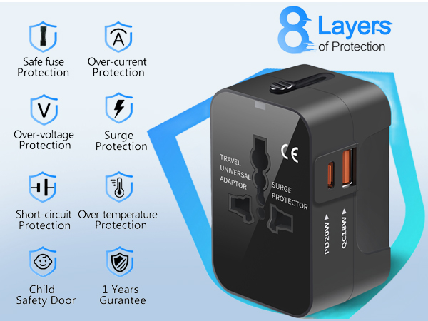 Universal Travel Adapter, International Plug Adapter with 2 USB Ports (1 USB C)