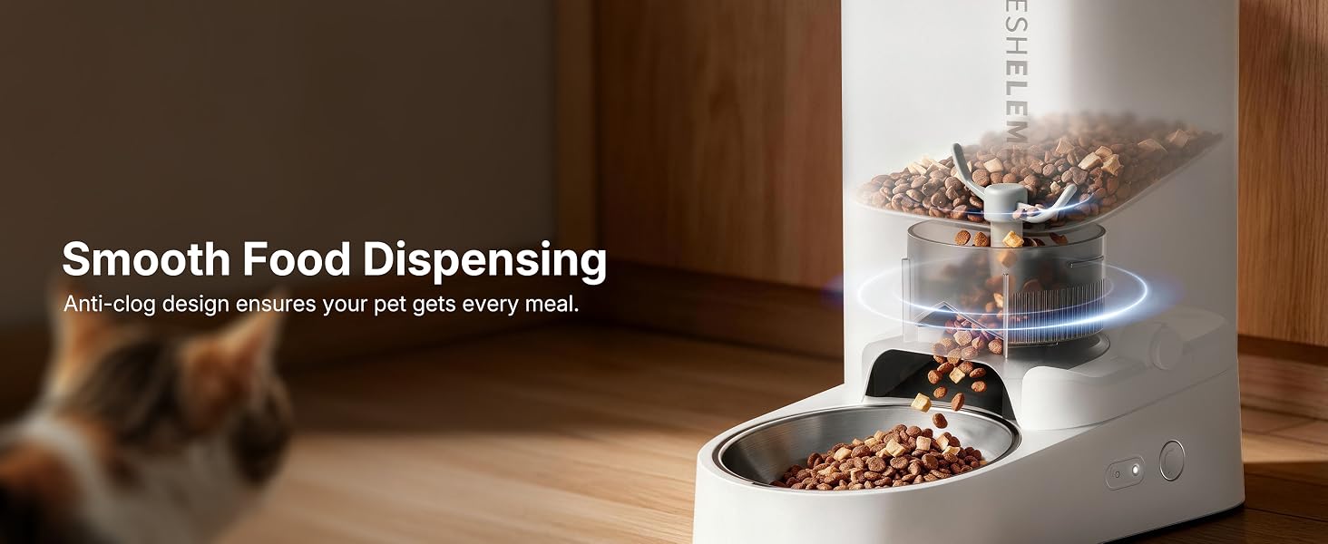 Text reads 'Smooth Food Dispensing' with subtitle 'Get crispy cereal without pour out spill any time.' Pet food dispenser with transparent container mounted above dark automatic feeder on wooden surface.