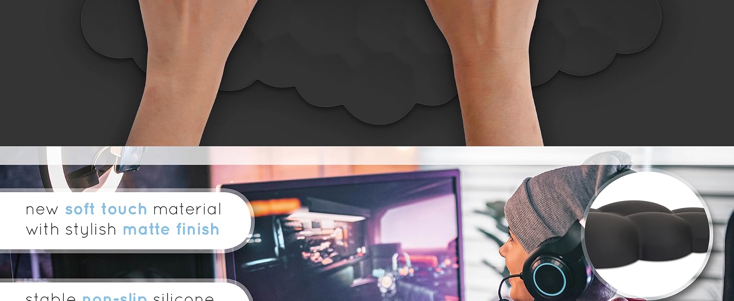 Two hands typing on keyboard with black cloud wrist rest for computer keyboard
