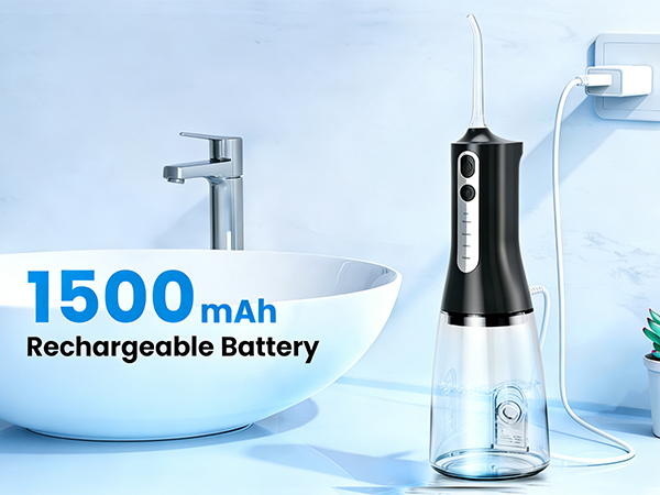 Text reads '1500mAh Rechargeable Battery'. Series of product images showing white electronic devices and charging components against light blue backgrounds.