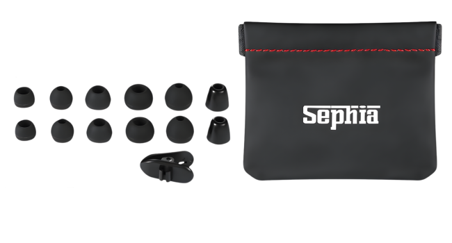 Multiple silicone ear tips, cable clip and carry pouch for customised fit and easy earbud storage