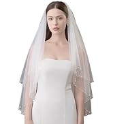 YAEISM Pearl Edge Wedding Veil 2 Tier Beaded Bridal Veils Fingertip Length White Veil Double Laye...