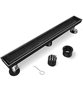 HTOH Black Shower Drain, 24 Inch Linear Shower Drain with Removable Tile Insert Grate, 2 in 1 Bat...