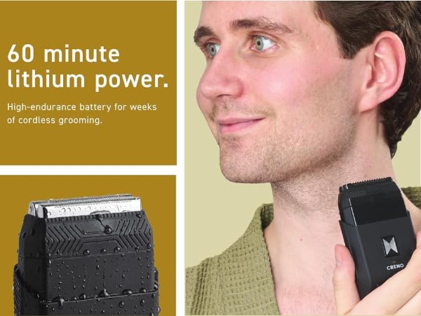 Man using Cremo Travel Foil Shaver with long-lasting lithium battery
