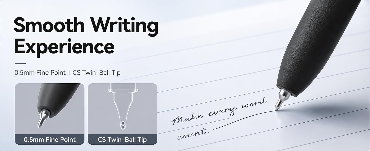 0.5mm fine point gel ink pens with smooth writing, consistent ink flow and CS twin-ball tip