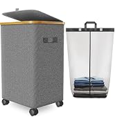 Laundry Hamper with Wheels,20 Gal (75L) Laundry Basket with lid Rolling Clothes Hamper Foldable D...