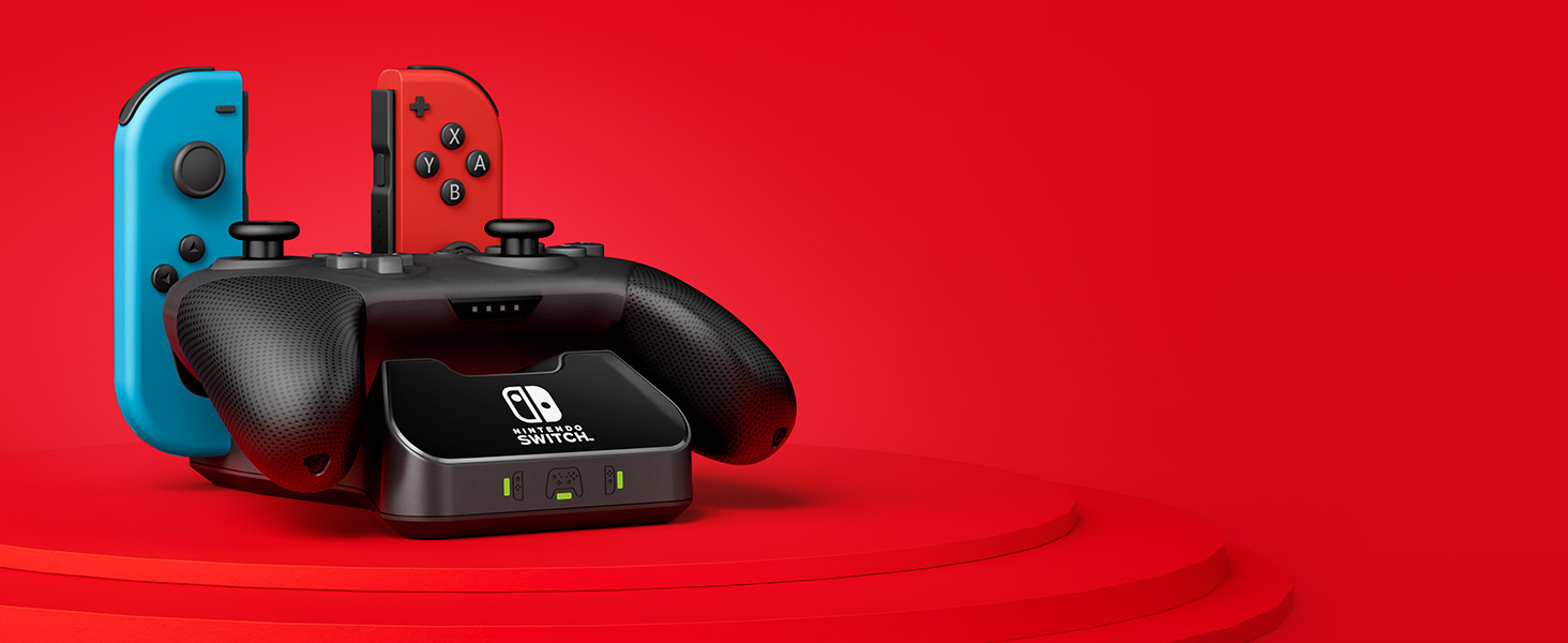 The Controller Charging Base for Nintendo Switch recharges controllers with rechargeable batteries.