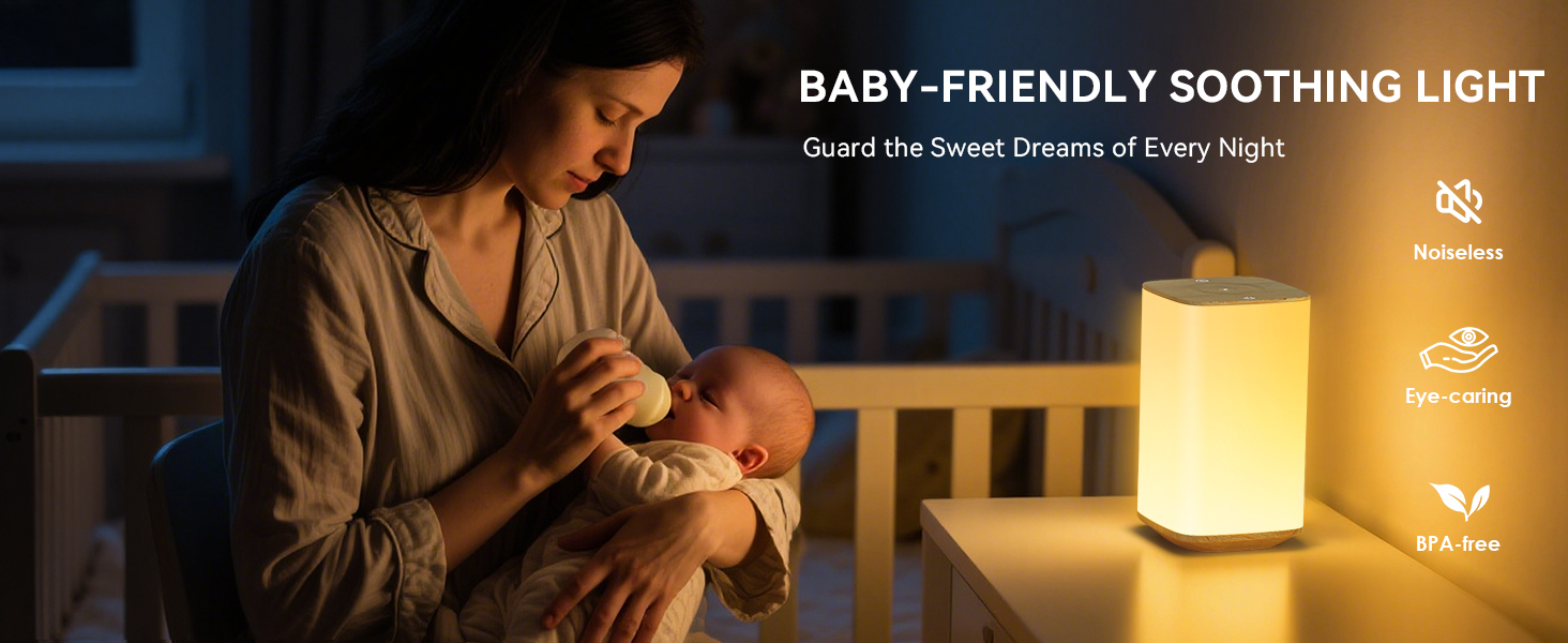 Noiseless baby-friendly soothing lamp guarding sweet dreams during midnight nursing.