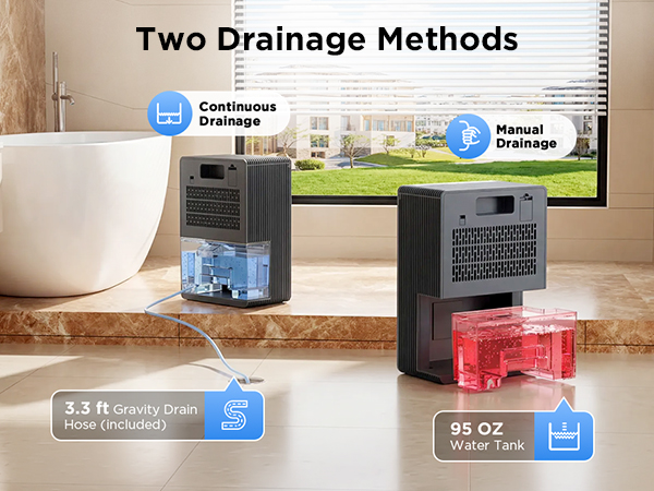 dehumidifier with 95 oz water tank and 3.3ft drain hose continuous gravity drainage