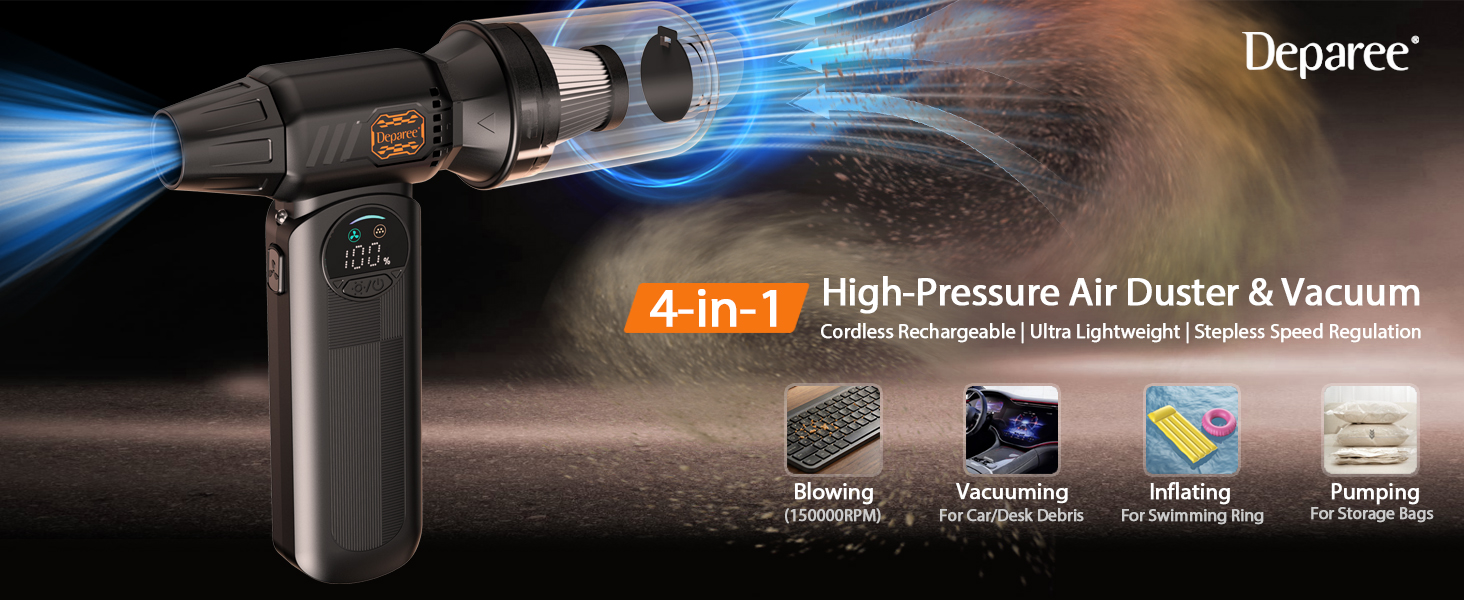 Cordless air duster and handheld vacuum for car interior, keyboard, electronics, desk cleaning