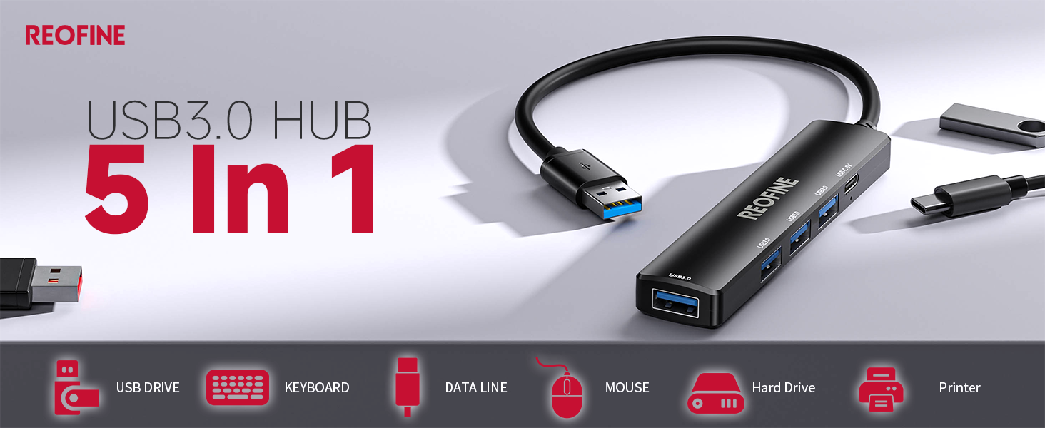 USB 3.0 Hub, 5 Port USB Hub Splitter,Portable USB Adapter