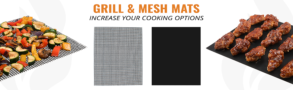 Grill Mat and Mesh Mats being used to cook different types of food