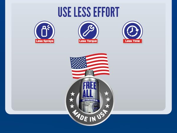 Use less effort with Free All - Less is More - Less Sprays, Less Torque, Less Time - Made in USA